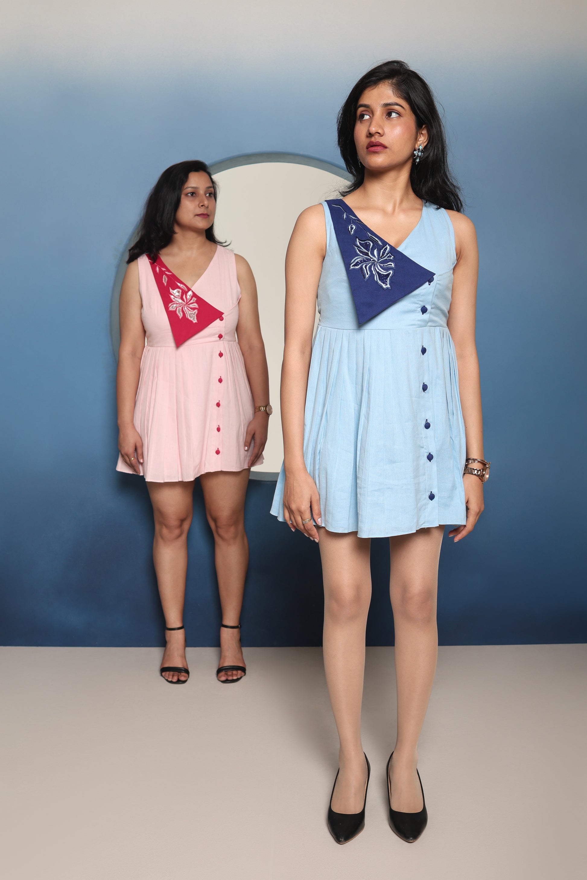 Aarohi Button Detailed Twin Color Dress for Women | Elegant Cotton Linen Contrast Dress