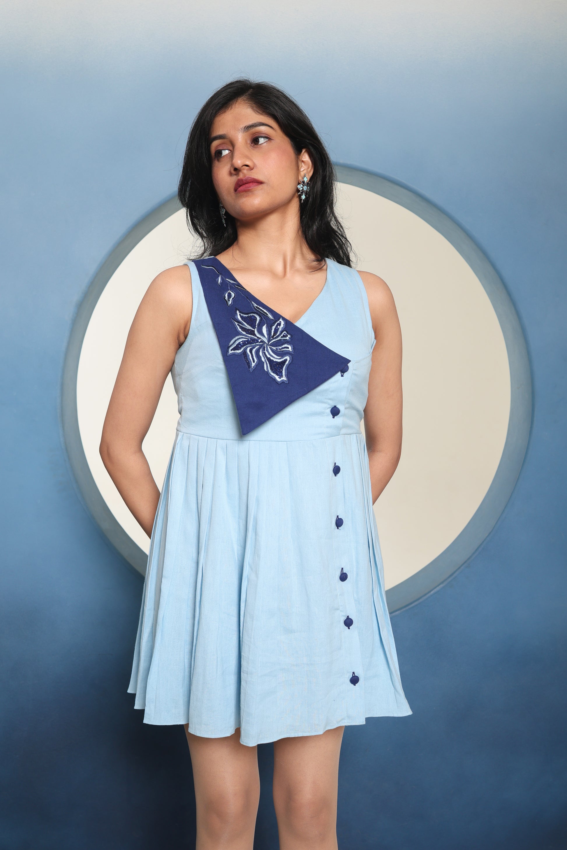 Aarohi Button Detailed Twin Color Dress for Women | Elegant Cotton Linen Contrast Dress