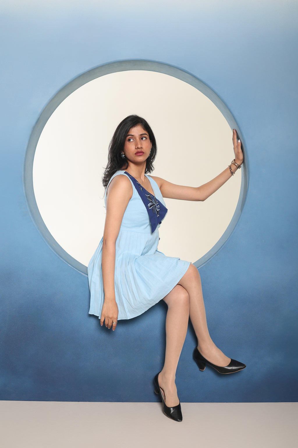 Aarohi Button Detailed Twin Color Dress for Women | Elegant Cotton Linen Contrast Dress