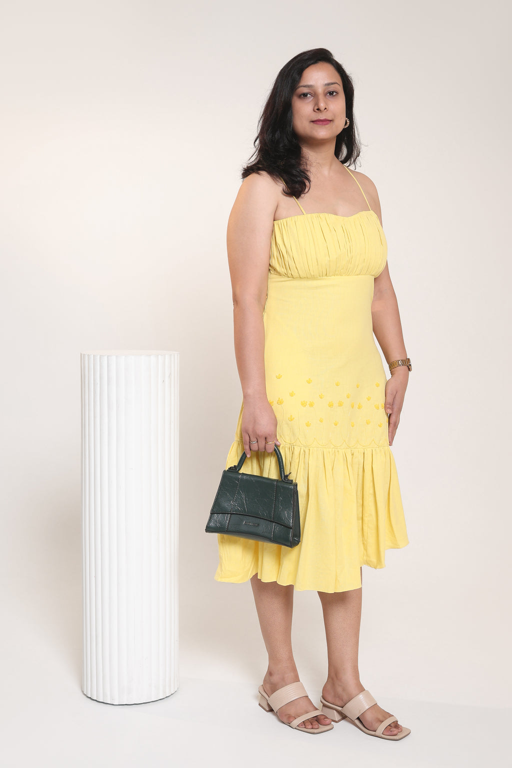 Gulzhar Asymmetrical Hem Dress for Women | Light Yellow