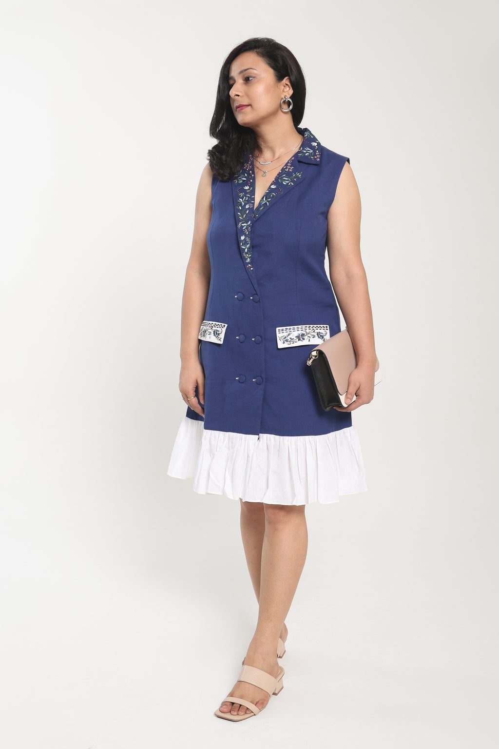 Kaira Embroidered Chic Collared Short Dress for Women | Elegant Cotton Linen Shirt Dress