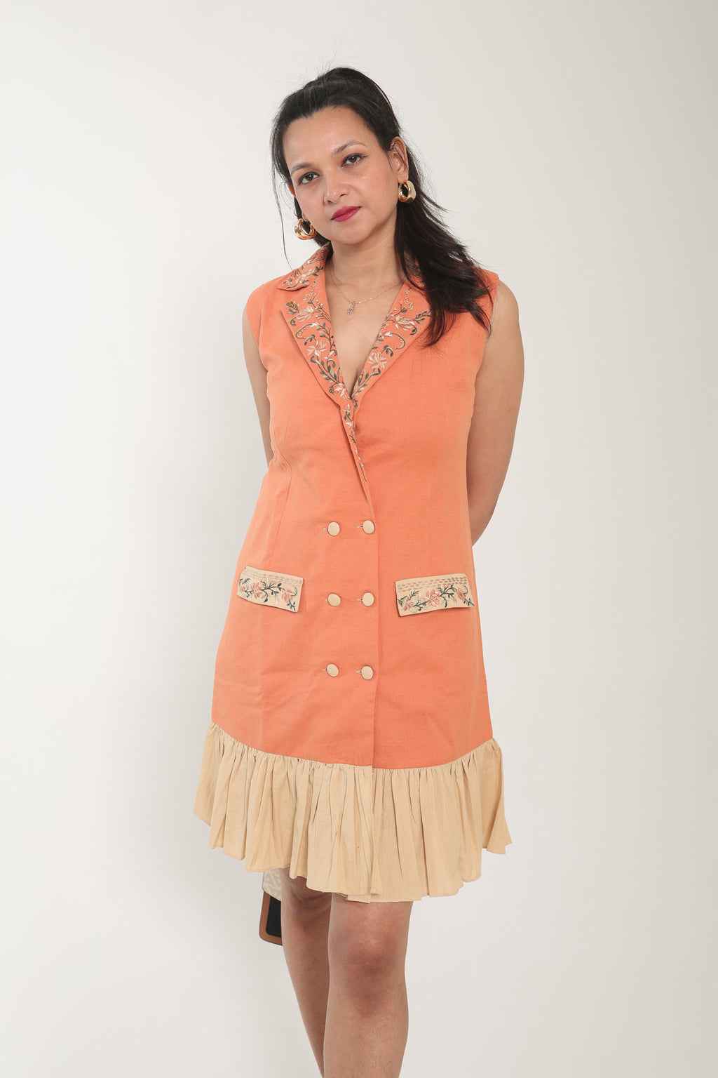 Kaira Embroidered Chic Collared Short Dress for Women | Elegant Cotton Linen Shirt Dress