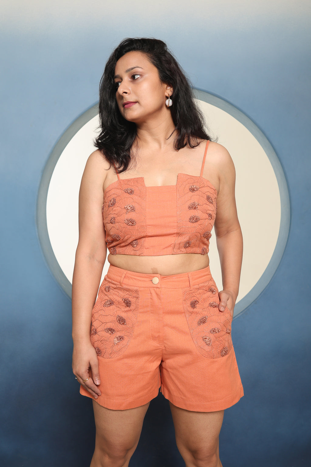 Sira Sleek Strap Co-ord Set for Women | Embroidered Cotton Linen Top & Shorts Set