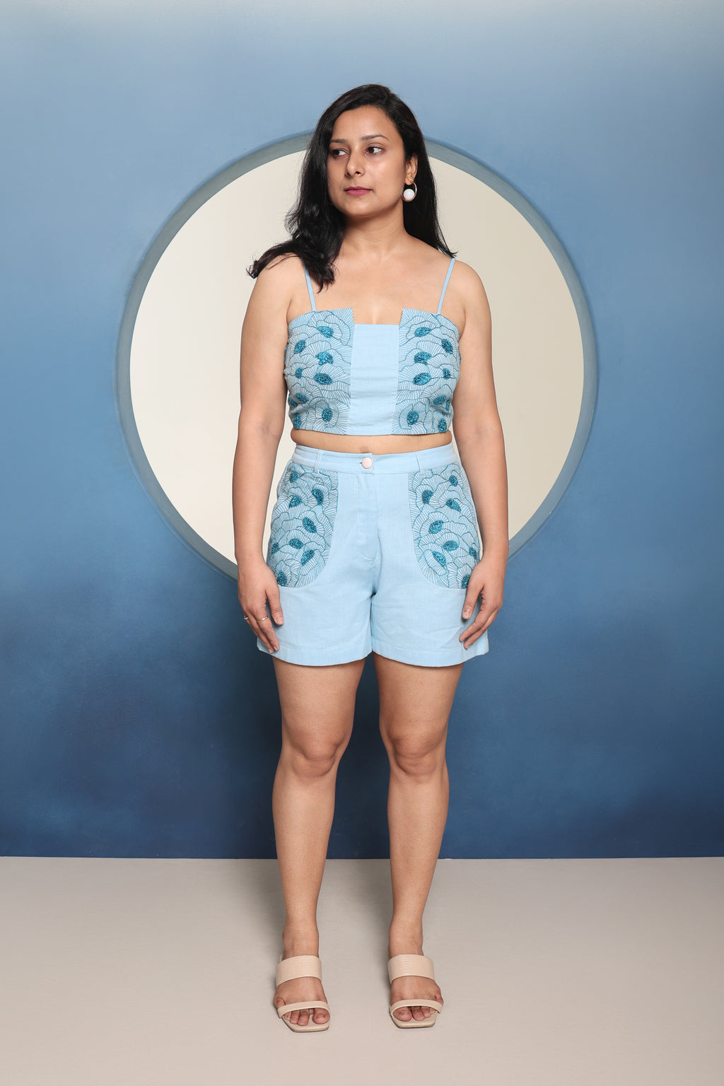 Sira Sleek Strap Co-ord Set for Women | Embroidered Cotton Linen Top & Shorts Set