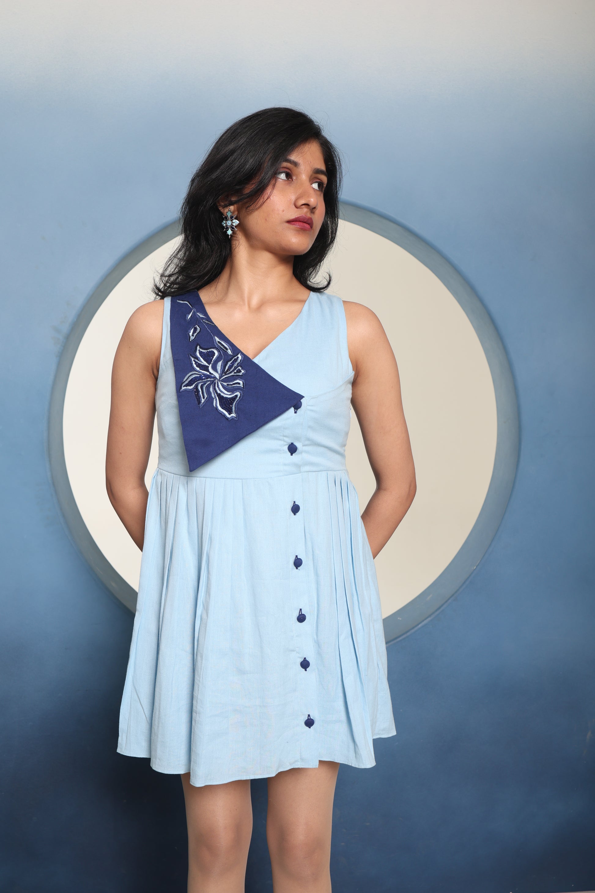 Aarohi Button Detailed Twin Color Dress for Women | Elegant Cotton Linen Contrast Dress