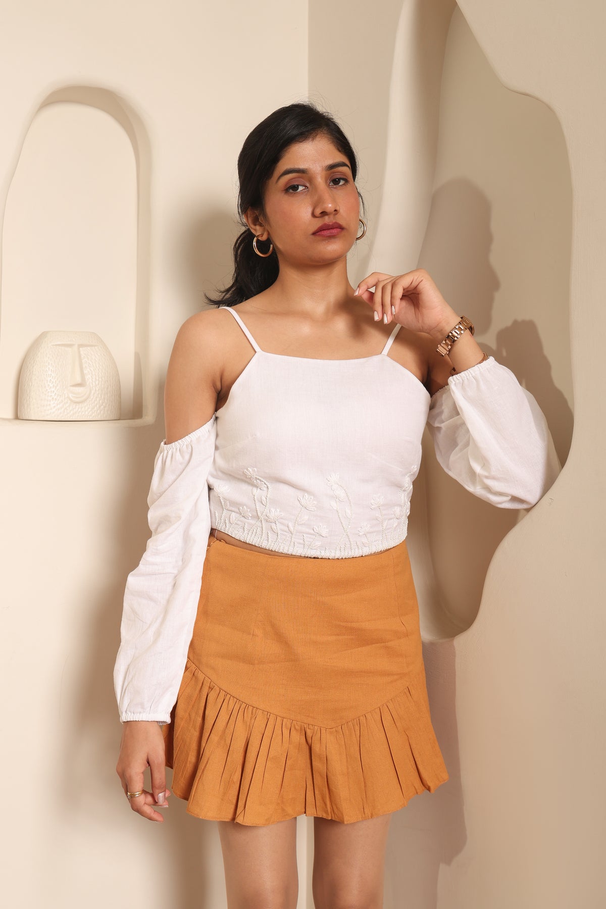 Nivya Cold Shoulder Top and Skirt Set for Women | Elegant Cotton Linen Co-ord Outfit