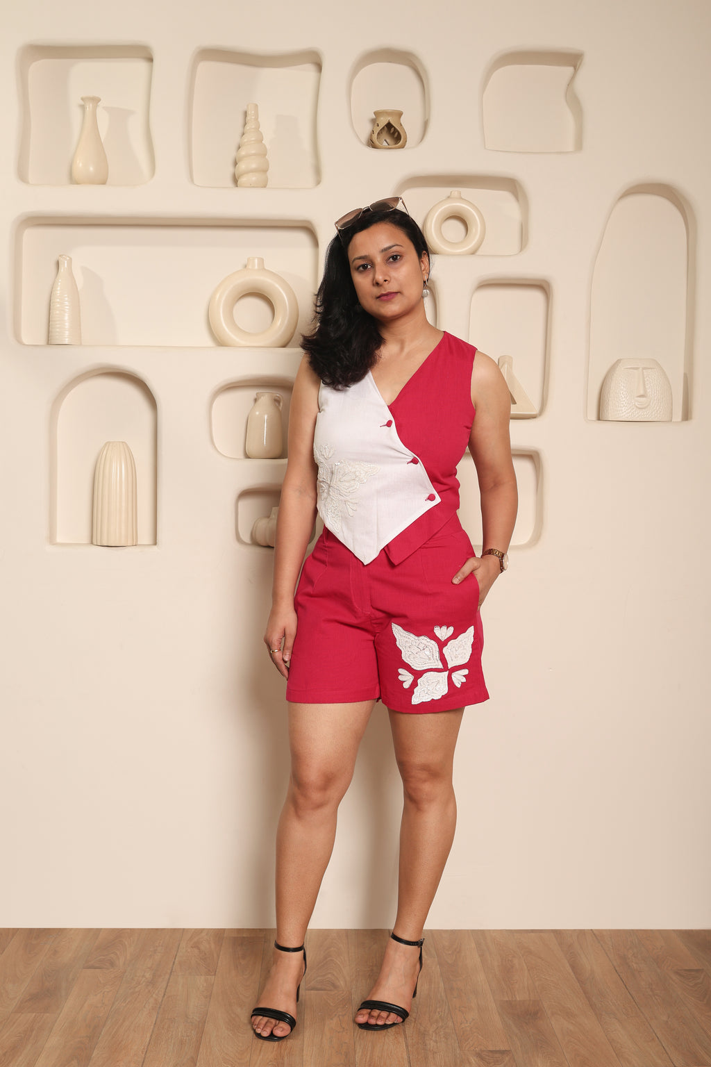 Tavisha Dual Bloom Co-ord Set for Women | Floral Cotton Linen Embroidered Top & Shorts Set Pink