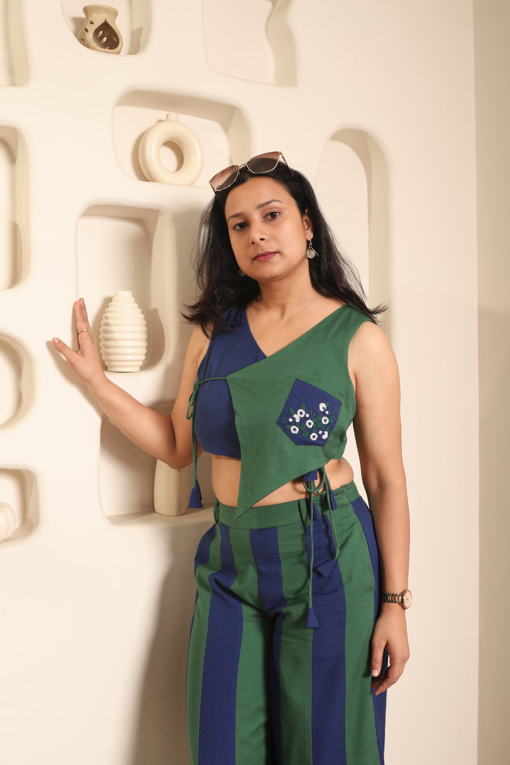 Sufi - Blue & Green Color Block Co-ord Set