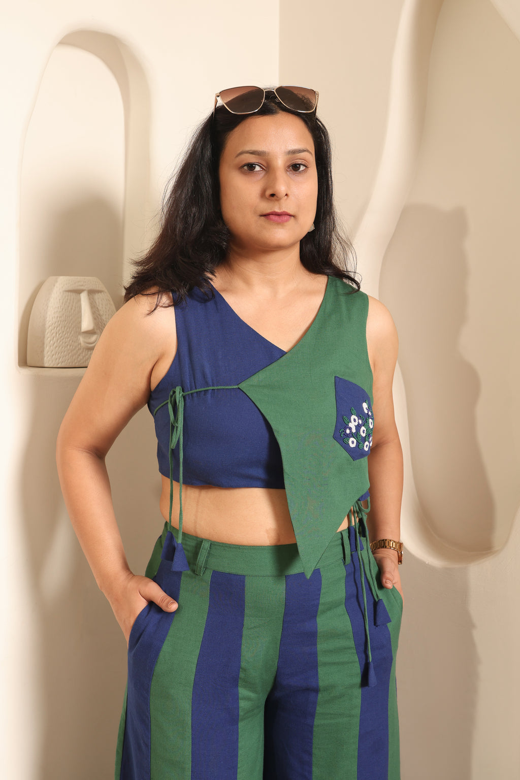 Sufi - Blue & Green Color Block Co-ord Set