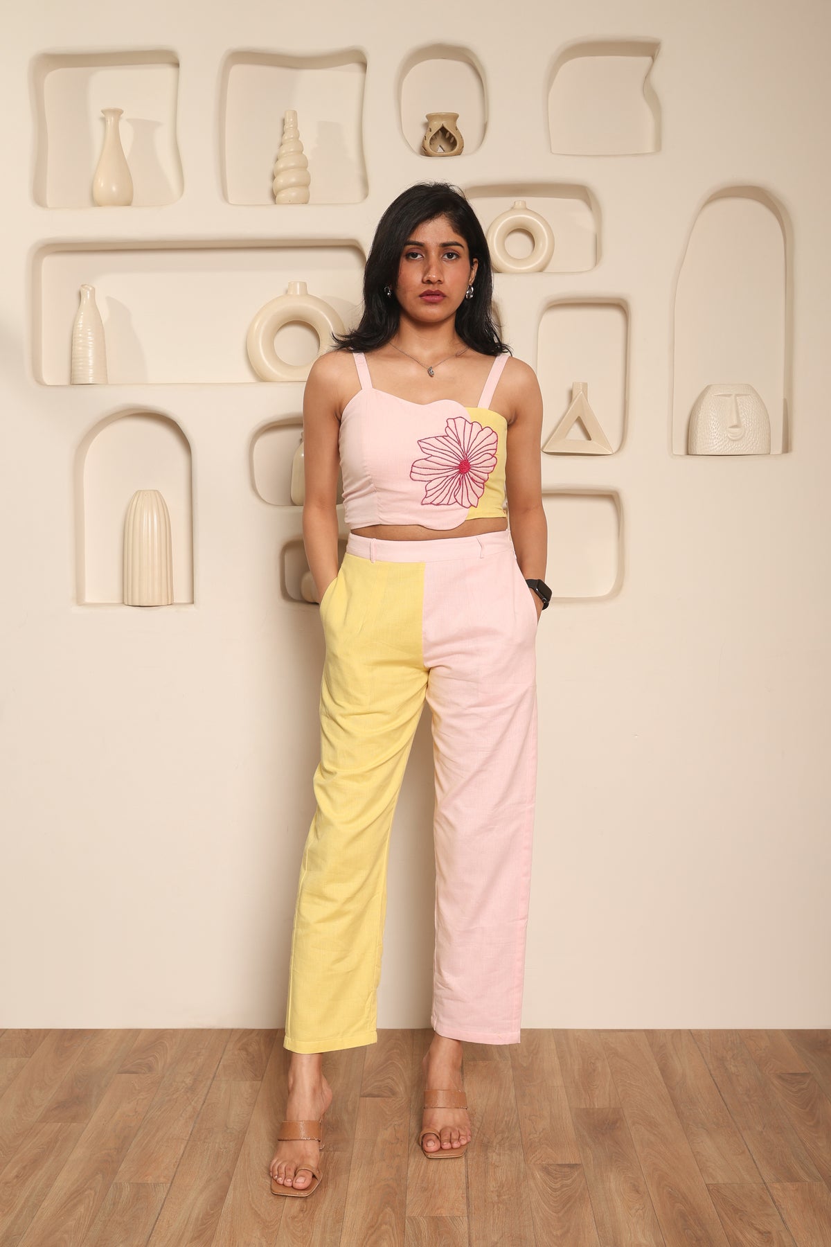 Lavanya Pink & Yellow Fusion Co-ord Set for Women | Embroidered Cotton Linen Crop Top & Trousers
