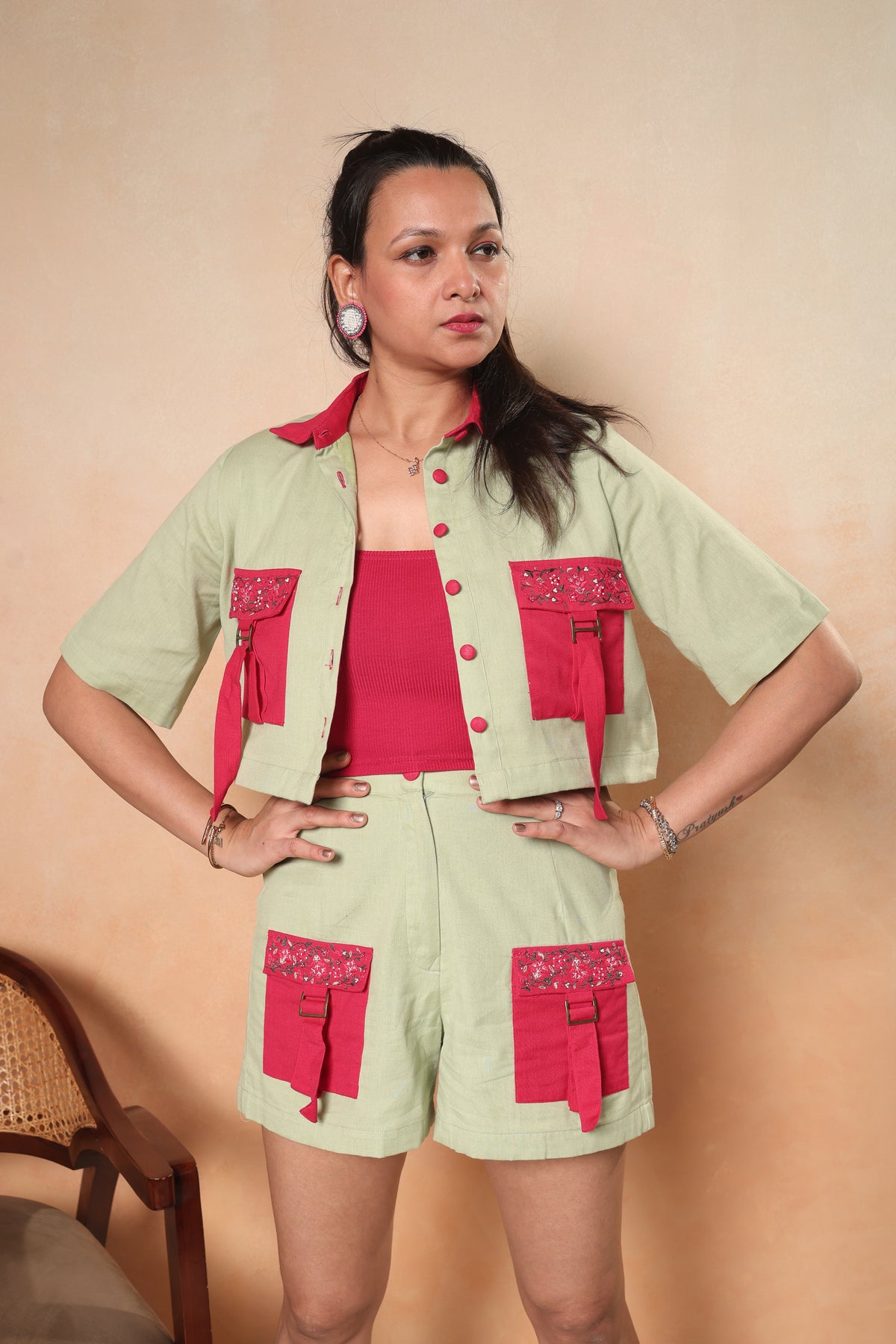 Anaira Pink & Green Utility Pocket Co-ord Set for Women | Cotton Linen Embroidered Utility Outfit