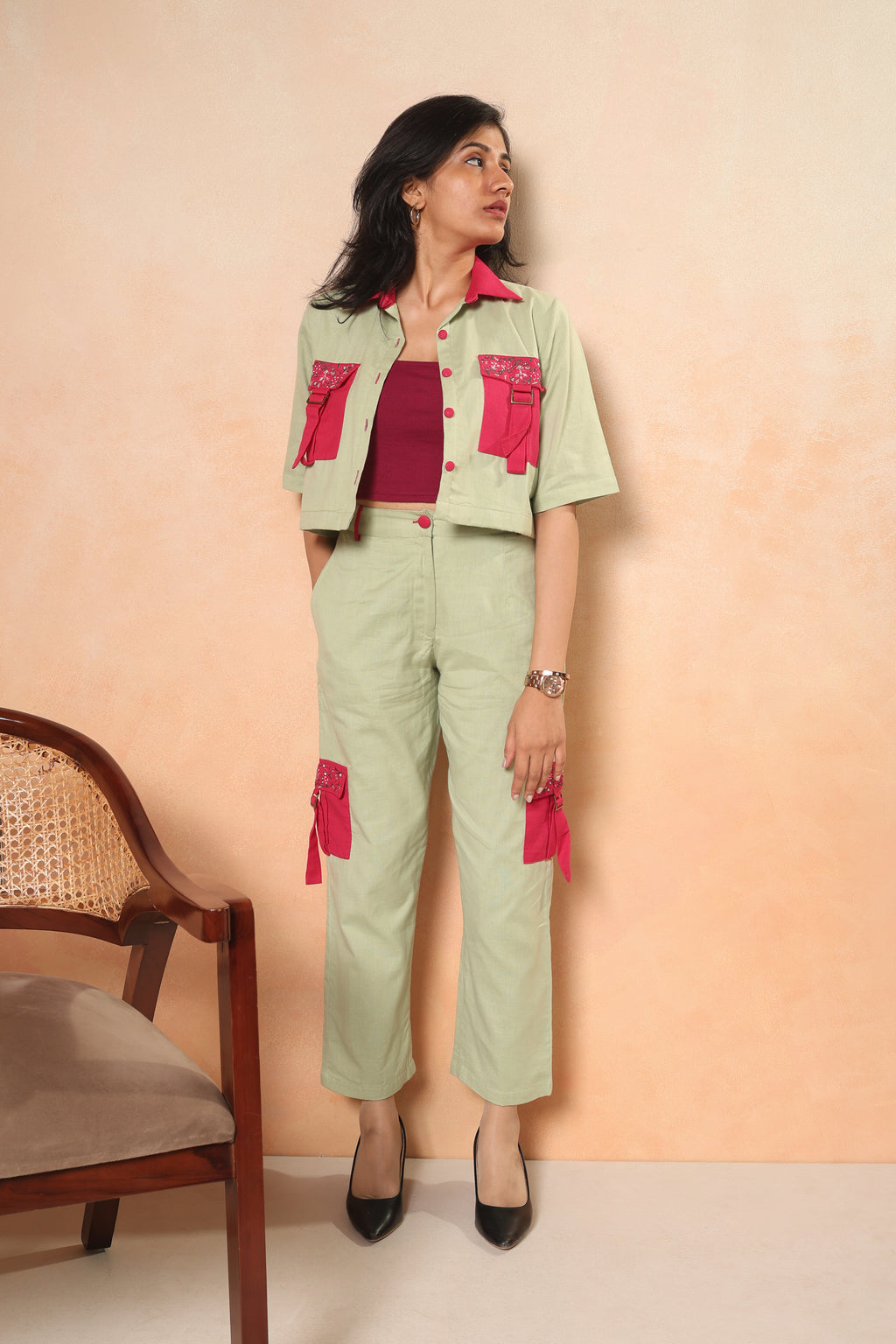 Anaira Pink & Green Utility Pocket Co-ord Set for Women | Cotton Linen Embroidered Utility Outfit